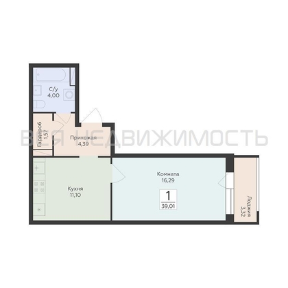 1-комнатная квартира, 39.01кв.м - изображение