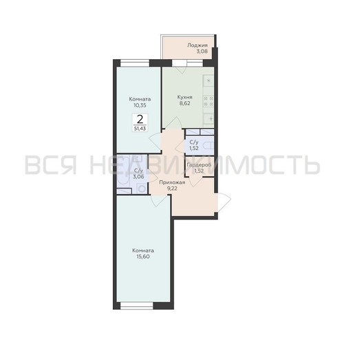 2-комнатная квартира, 51.43кв.м - изображение 0