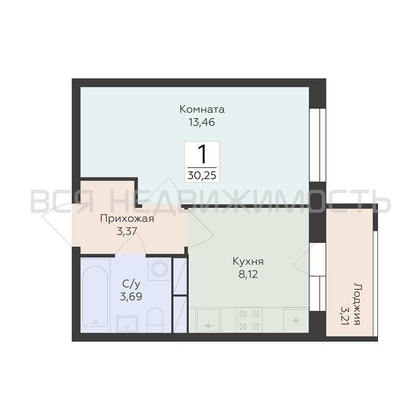 1-комнатная квартира, 30.25кв.м - изображение