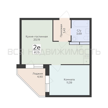 1-комнатная квартира, 41.15кв.м - изображение