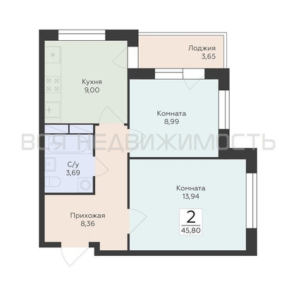 2-комнатная квартира, 45.8кв.м - изображение