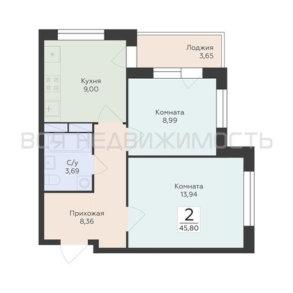 2-комнатная квартира, 45.8кв.м - изображение
