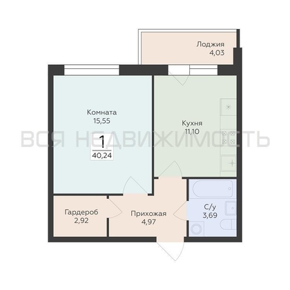 1-комнатная квартира, 40.24кв.м - изображение