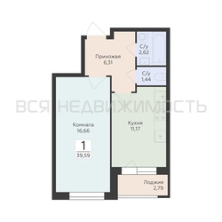 1-комнатная квартира, 39.59кв.м - изображение 1