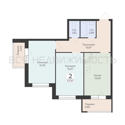2-комнатная квартира, 57.47кв.м - изображение 1