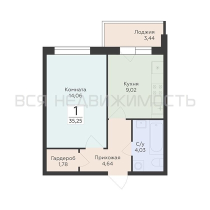 1-комнатная квартира, 35.25кв.м - изображение