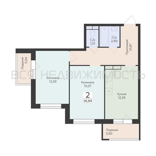 2-комнатная квартира, 56.89кв.м - изображение 0