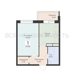 1-комнатная квартира, 34.66кв.м - изображение 1
