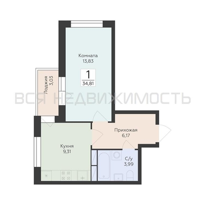 1-комнатная квартира, 34.81кв.м - изображение