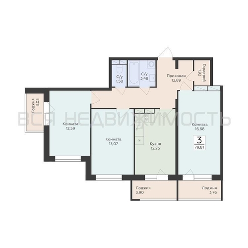 3-комнатная квартира, 79.81кв.м - изображение 0