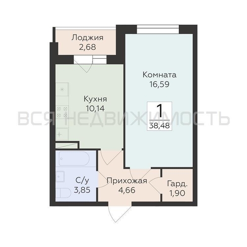 1-комнатная квартира, 38.48кв.м - изображение 0