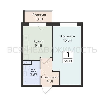 1-комнатная квартира, 34.18кв.м - изображение