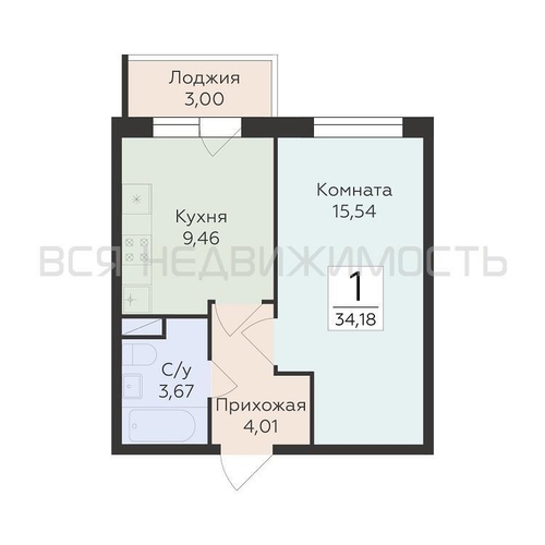 1-комнатная квартира, 34.18кв.м - изображение 0
