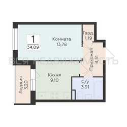 1-комнатная квартира, 34.09кв.м - изображение 1