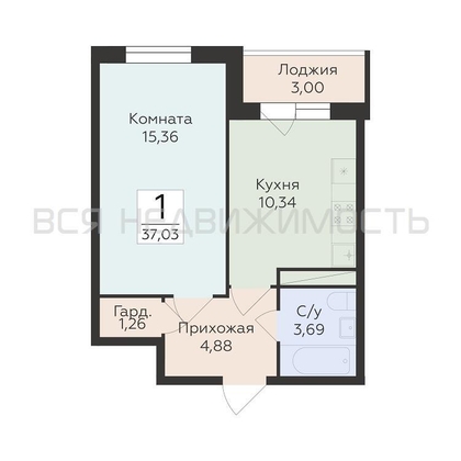 1-комнатная квартира, 37.03кв.м - изображение