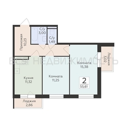 2-комнатная квартира, 55.61кв.м - изображение 1