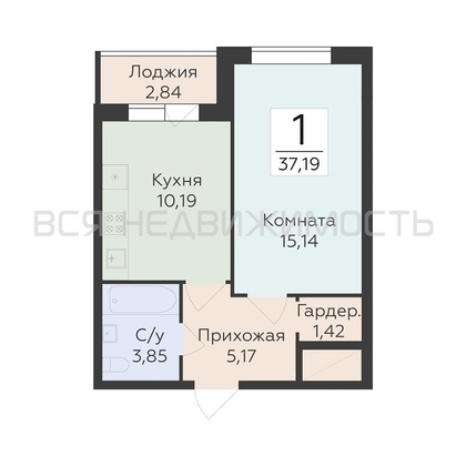 1-комнатная квартира, 37.19кв.м - изображение