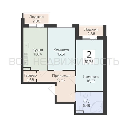 2-комнатная квартира, 61.75кв.м - изображение