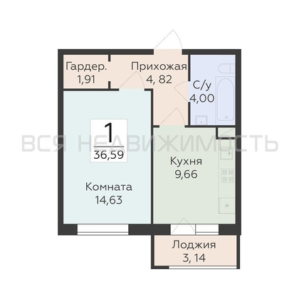 1-комнатная квартира, 36.59кв.м - изображение