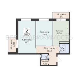 2-комнатная квартира, 60.67кв.м - изображение 1