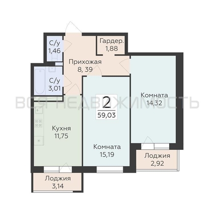 2-комнатная квартира, 59.03кв.м - изображение
