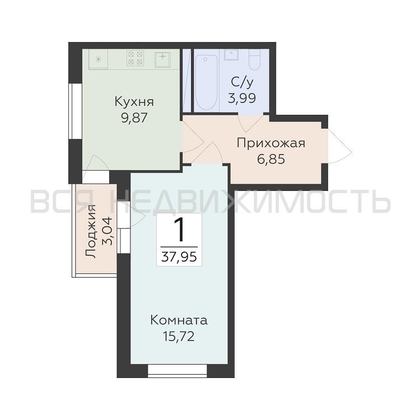 1-комнатная квартира, 37.95кв.м - изображение
