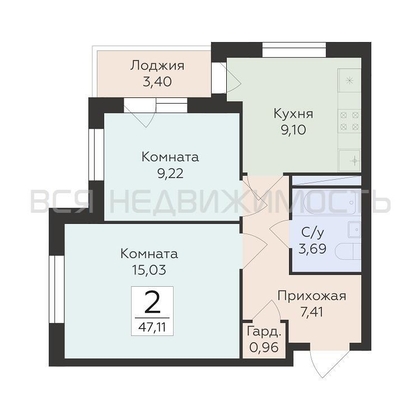 2-комнатная квартира, 47.11кв.м - изображение