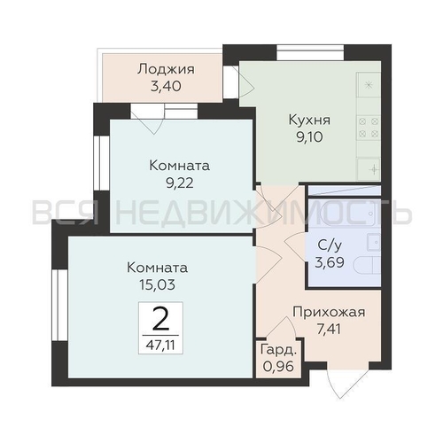 2-комнатная квартира, 47.11кв.м - изображение 0