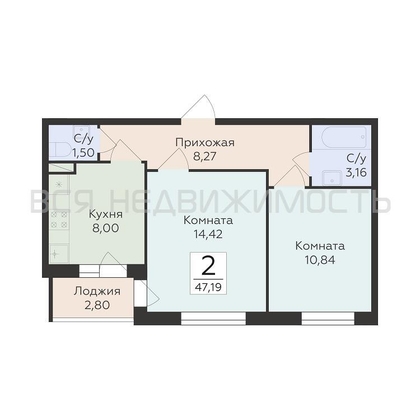2-комнатная квартира, 47.19кв.м - изображение