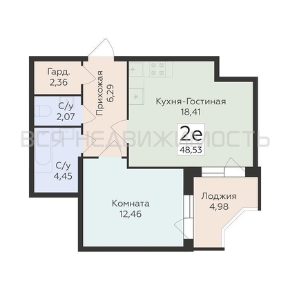 1-комнатная квартира, 48.53кв.м - изображение