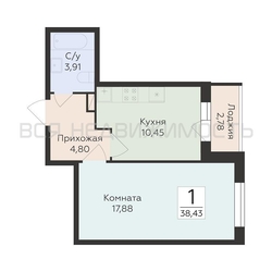 1-комнатная квартира, 38.43кв.м - изображение 1
