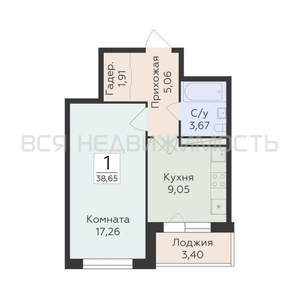 1-комнатная квартира, 38.65кв.м - изображение