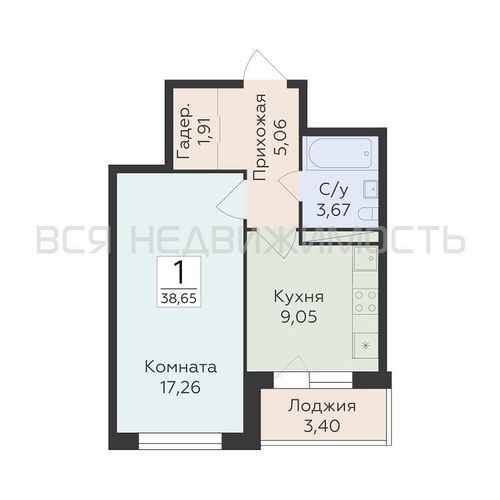 1-комнатная квартира, 38.65кв.м - изображение 0