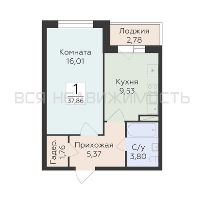 1-комнатная квартира, 37.86кв.м - изображение