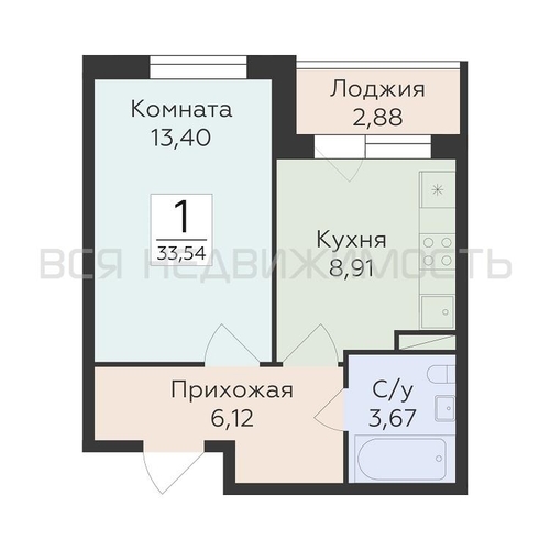1-комнатная квартира, 33.54кв.м - изображение 0