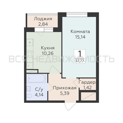1-комнатная квартира, 37.77кв.м - изображение