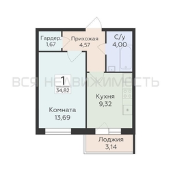 1-комнатная квартира, 34.82кв.м - изображение 1