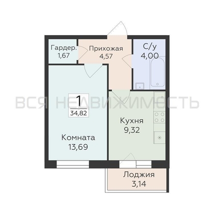 1-комнатная квартира, 34.82кв.м - изображение