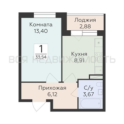1-комнатная квартира, 33.54кв.м - изображение 1