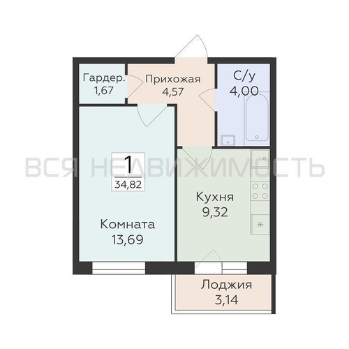 1-комнатная квартира, 34.82кв.м - изображение 0