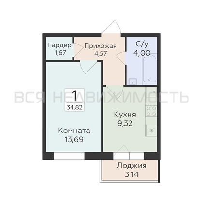 1-комнатная квартира, 34.82кв.м - изображение