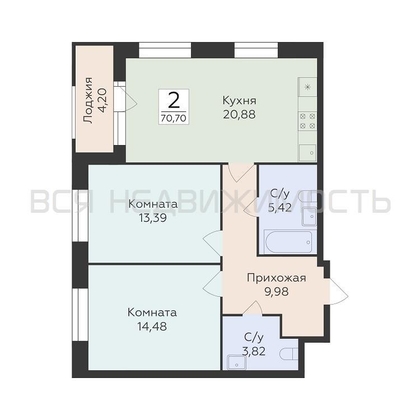 2-комнатная квартира, 70.7кв.м - изображение