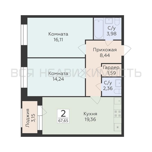 2-комнатная квартира, 67.65кв.м - изображение 0
