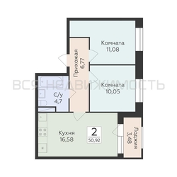 2-комнатная квартира, 50.92кв.м - изображение 1