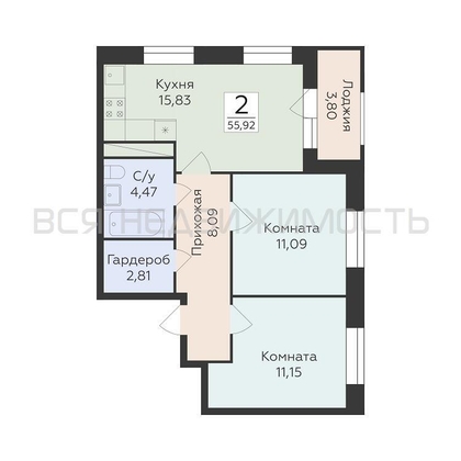 2-комнатная квартира, 55.92кв.м - изображение