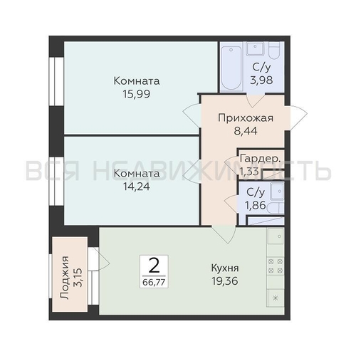 2-комнатная квартира, 66.77кв.м - изображение 0