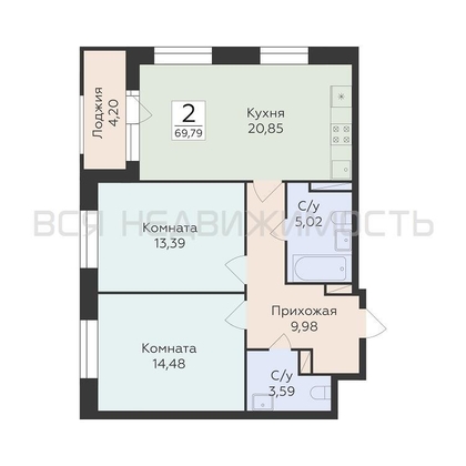 2-комнатная квартира, 69.79кв.м - изображение