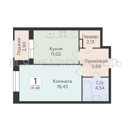 1-комнатная квартира, 41.48кв.м - изображение