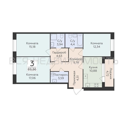 3-комнатная квартира, 89.86кв.м - изображение