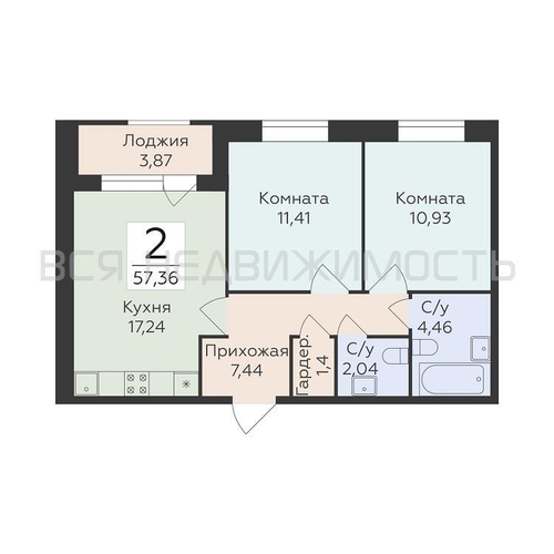 2-комнатная квартира, 57.36кв.м - изображение 0